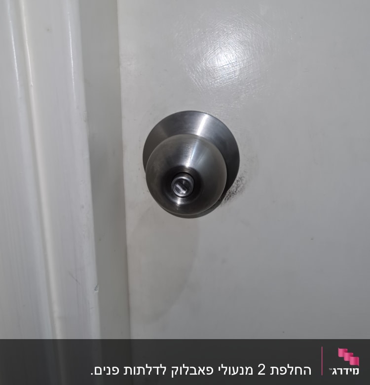 ידית דלת מתכתית על דלת לבנה
